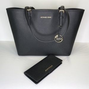 2Pc MK Jet Set Carryall Travel Blk Tote & Wallet